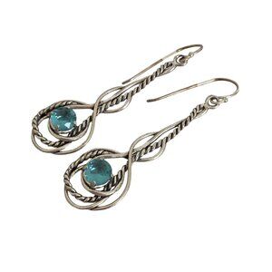 Sterling Silver Long Drop earrings Blue Topaz CZ
